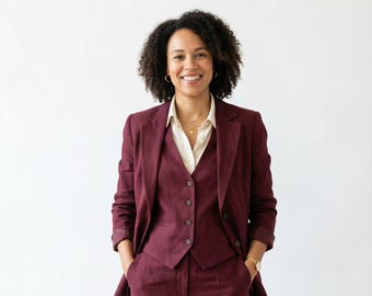 Women Burgundy Linen 3 Piece Suit, Custom Wedding Suit Blazer Vest Pants Set