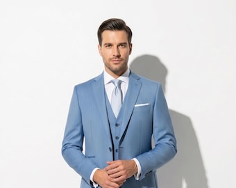 sky Blue Pinstripe 3-Piece Men's Suit – Slim Fit Formal Wedding Wear