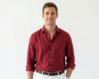 Men's Burgundy Linen Shirt, White Trousers, Summer Vacation Outfit