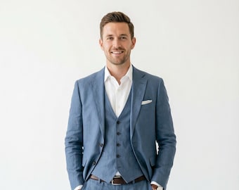 Men 3 piece linen suit blue, Handmade Tailored Business Wedding Outfit