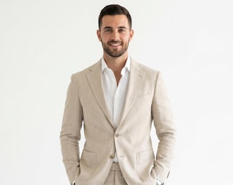 Handmade men beige Linen 2 piece suit Custom Tailored 2-Piece Blazer Pants Suit Set