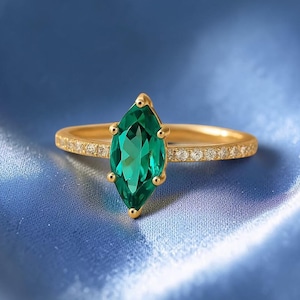 Marquise Emerald Engagement Ring, Pave Moissanite Band, Lab Created Green Gemstone Ring