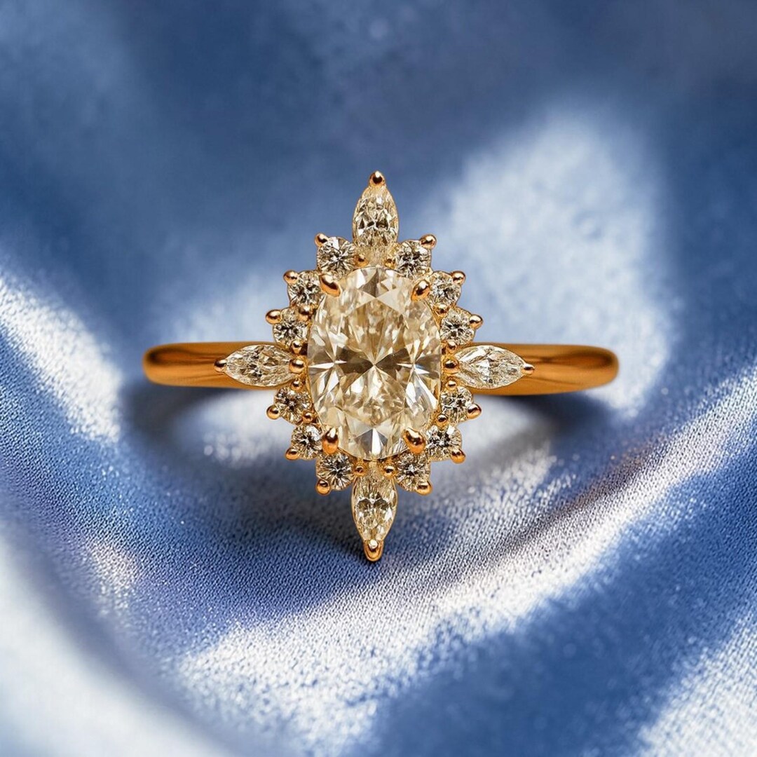 Kfty Vintage Oval Cut Moissanite Halo Ring, Art Deco Lotus Setting ...