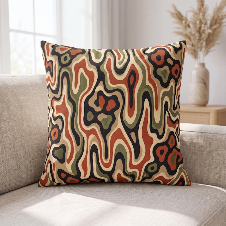 Terracott Quilt Pattern Retro Psychedelic Square Pillow Cover, Olive Green and Terracotta Swirl ...