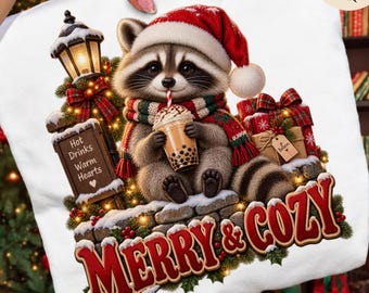 Christmas Shirt PNG, Cute Raccoon Christmas PNG, Merry & Cozy Holiday PNG, Retro Christmas png, Trendy Christmas Sublimation Design