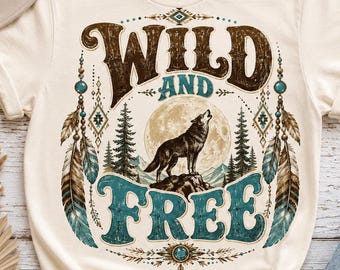 PNG salvaje y libre, diseño de lobo bohemio y luna, PNG de camisa nativa del oeste, diseño de sublimación, descarga digital, descarga instantánea PNG