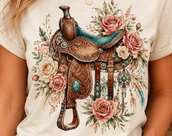 Silla de montar western PNG, diseño floral western bohemio, camiseta con frase floral western, diseño de sublimación, descarga digital, descarga instantánea PNG