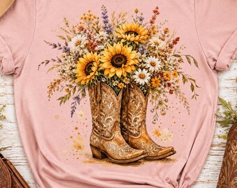 Ramo de botas vaqueras PNG, diseño de girasol occidental, camisa de botas boho PNG, diseño de sublimación, descarga digital, descarga instantánea PNG