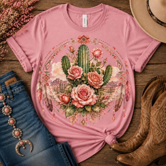 Desert Rose PNG, Boho Cactus Rose Design, Aztec Western Shirt PNG, Sublimation Design, Digital Download, Instant Download PNG