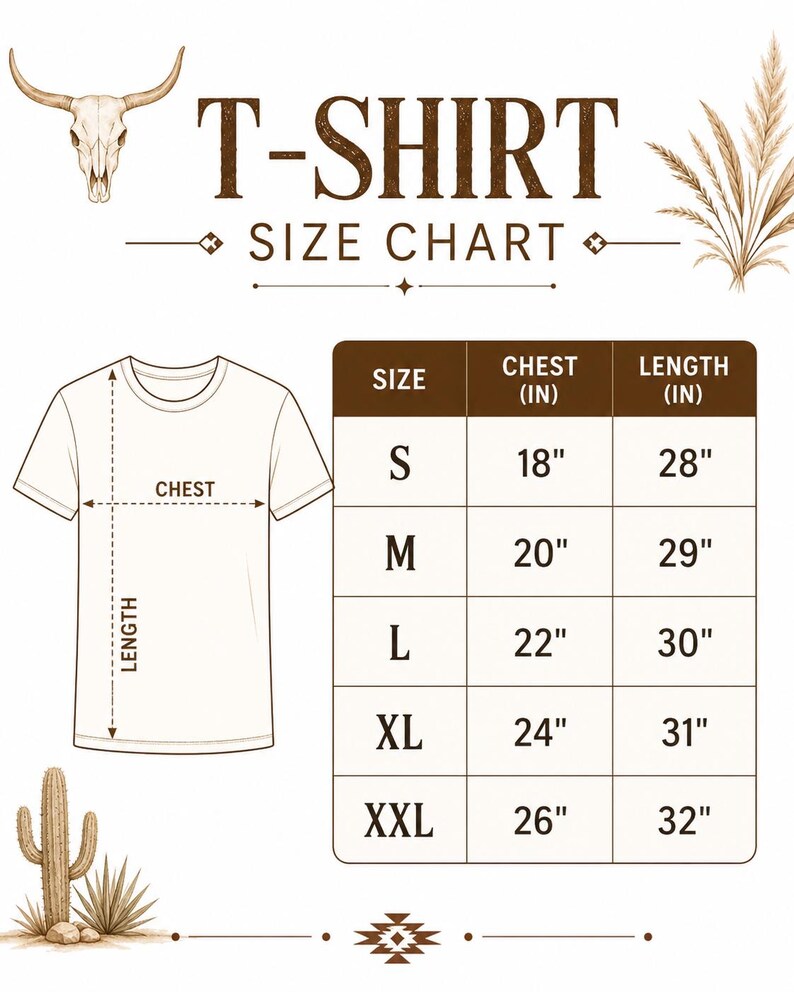 Puede incluir: Una tabla de tallas de camiseta con un dibujo lineal de una camiseta y flechas de medici&oacute;n para el pecho y el largo. Una tabla enumera las tallas de la S a la XXL con las medidas en pulgadas. El texto dice T-SHIRT SIZE CHART.