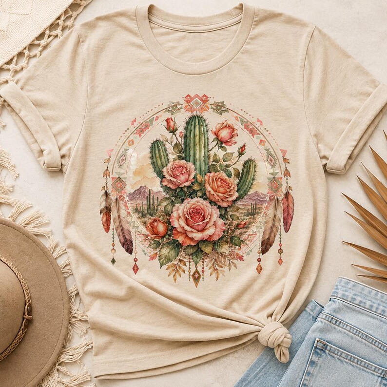 Puede incluir: Una camiseta beige de manga corta con un estampado gr&aacute;fico circular. El dise&ntilde;o muestra un paisaje des&eacute;rtico con cactus verdes y rosas rosadas, enmarcado por patrones geom&eacute;tricos y plumas colgantes en tonos marr&oacute;n, naranja y rosa.
