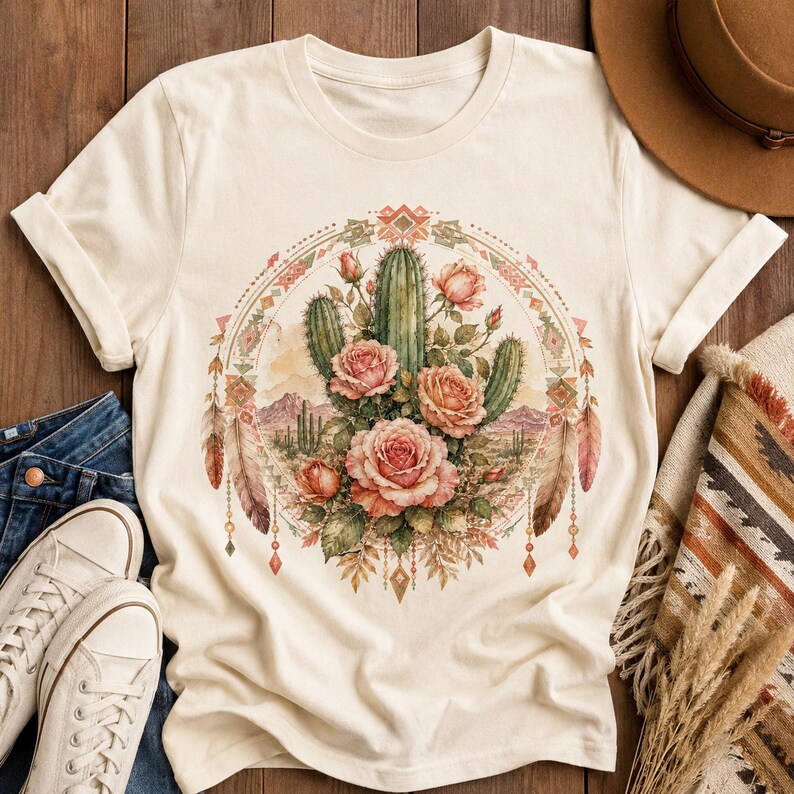 Puede incluir: Una camiseta de manga corta color crema con un estampado gr&aacute;fico circular. El dise&ntilde;o muestra cactus verdes y rosas rosadas centradas dentro de un borde geom&eacute;trico, acentuado por plumas colgantes y un fondo de paisaje des&eacute;rtico.
