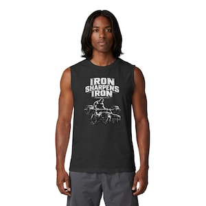 Iron Sharpens Iron Christian Fitness Gym Shirt – Faith Based Workout Tank – Biblical Masculinity Apparel – Proverbs 27:17 –