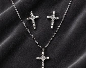Sterling Silver Moissanite Cross Jewelry Set, Necklace and Earrings