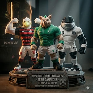 Pode incluir: Três figuras musculares de mascotes esportivos. Uma águia com camisa vermelha e preta, um porco com camisa verde e uma baleia com camisa branca. Elas estão em uma base de metal com o texto "MASCOTES COLECIONÁVEIS - SÉRIE CAMPEÕES - COMPRE AGORA!"