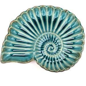 May include: A teal ceramic plate in the shape of a nautilus shell. The plate has a glossy finish, ribbed detailing, and a brown rim. The spiral design is prominent. The plate is set against a white background.