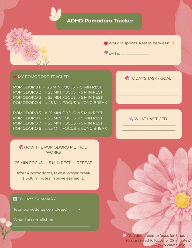 ADHD Pomodoro Tracker | Printable Focus Timer Log | Neurodivergent ...