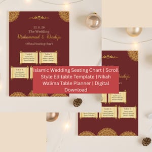 May include: Maroon Islamic wedding seating chart with gold scroll-style table assignments. The chart includes the wedding date, names, and the text "Official Seating Chart". The text "Islamic Wedding Seating Chart" is also visible.