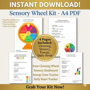 Puede incluir: Un kit de rueda sensorial en formato PDF A4 de cuatro páginas que incluye una rueda de limpieza por zonas, un panel sensorial, un rastreador de zonas de energía y un rastreador de reinicio diario con listas y gráficos.