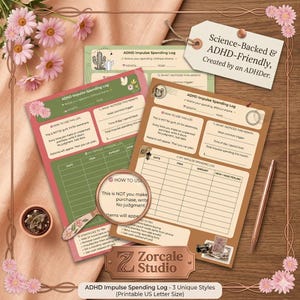 May include: ADHD impulse spending logs in three unique styles. The logs are in US Letter size and feature a floral design, cactus, and other decorative elements. The logs include prompts to track spending habits and are labeled "Science-Backed & ADHD-Friendly."