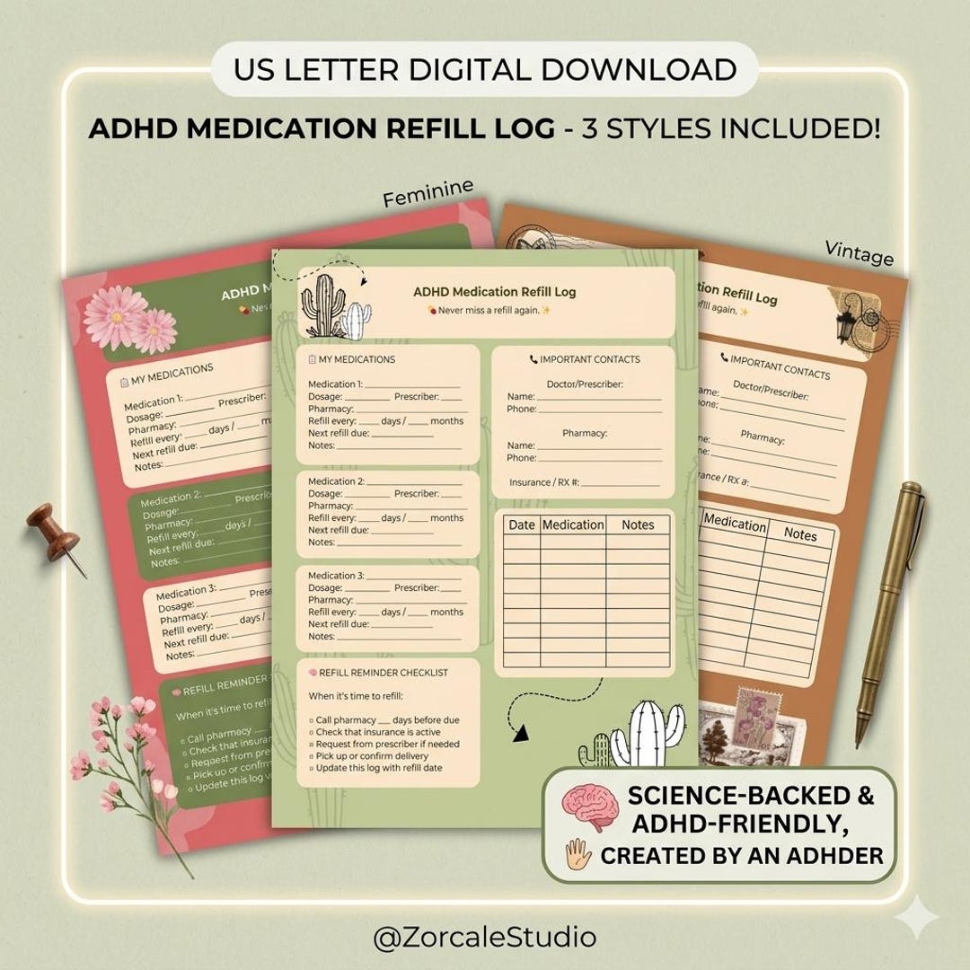 Refill Roster Log ADHD Medication Refill Log | Printable Prescription Tracker ...