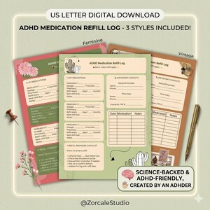 Registro de recarga de medicamentos para el TDAH / Rastreador de recetas imprimible / Registro de salud para personas neurodivergentes / Descarga digital