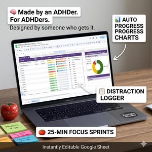 May include: A laptop displays a Google Sheet with progress charts and a distraction logger. Text on the screen reads "ADHD Deep Work Sprint Tracker." A red tomato timer and colorful sticky notes are on the wooden desk. Text: "Made by an ADHDer. For ADHDers."