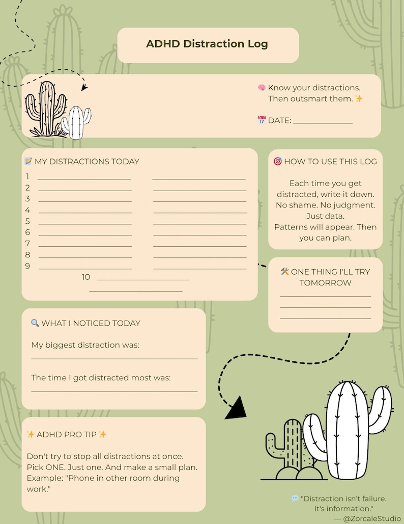 ADHD Distraction Log | Printable Focus Tracker | Neurodivergent ...