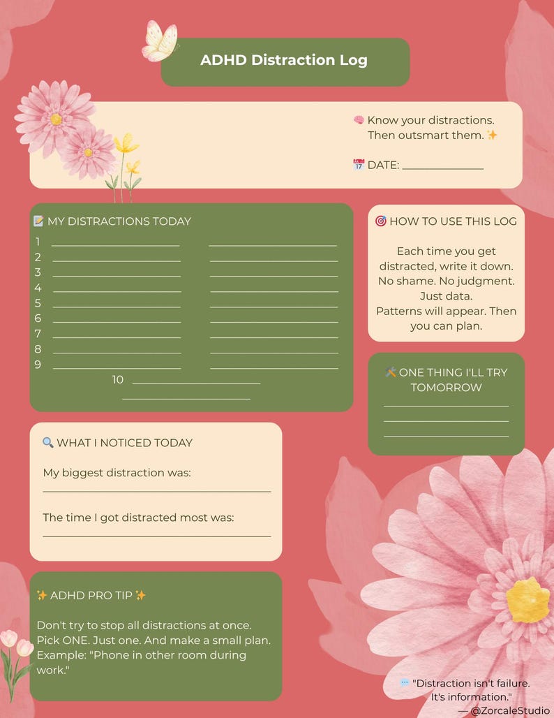 ADHD Distraction Log | Printable Focus Tracker | Neurodivergent ...
