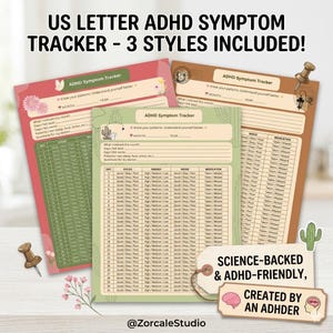 May include: Three US Letter ADHD symptom trackers in different styles. The trackers include sections for daily focus, energy, mood, and medication tracking. The text on the trackers reads "Know your patterns. Understand yourself better."