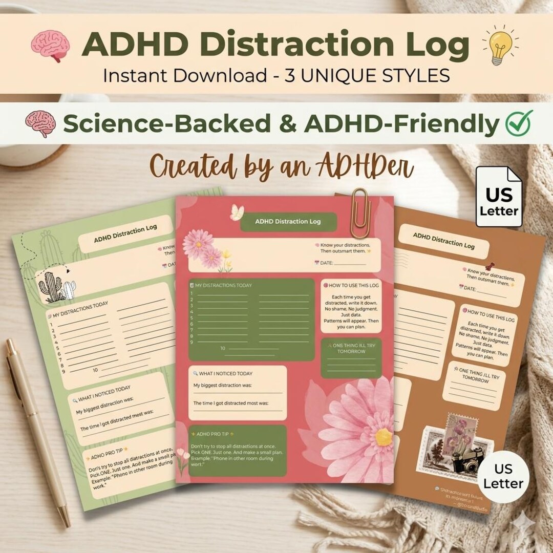 ADHD Distraction Log | Printable Focus Tracker | Neurodivergent ...