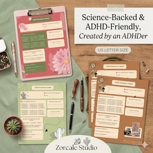 May include: An assortment of ADHD Pomodoro Tracker sheets in various colors, including pink, green, and brown. The sheets feature floral and cactus designs, along with text that reads "ADHD Pomodoro Tracker." The image also includes pens, a small potted cactus, and the text "Science-Backed & ADHD-Friendly."
