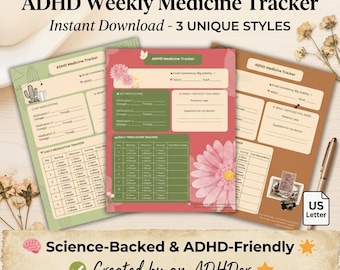 Suivi médical pour le TDAH | Journal des médicaments imprimable | Suivi de la dose quotidienne | Outil de santé neurodivergent | Téléchargement numérique