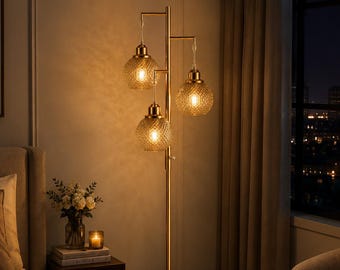 Modern Gold 3-Light Floor Lamp, Textured Glass Globe Standing Lamp, Mid Century Floor Light, Living Room Bedroom Corner Lamp, Home Decor