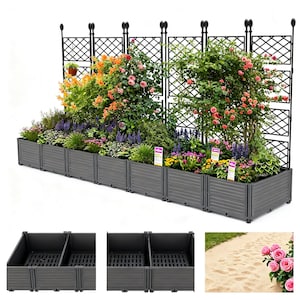 Könnte beinhalten: Ein modularer, grauer Hochbeet mit Spalier, gefüllt mit bunten Blumen und Pflanzen. Das Hochbeet besteht aus verbundenen rechteckigen Abschnitten. Das Spalier ist schwarz und hat ein Rautenmuster. Die Pflanzen umfassen orange, rosa und lila Blüten.