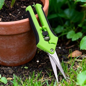 May include: Green and black gardening shears with stainless steel blades. The shears have a spring mechanism and a safety lock. The shears are next to a terracotta pot with a plant and green grass.