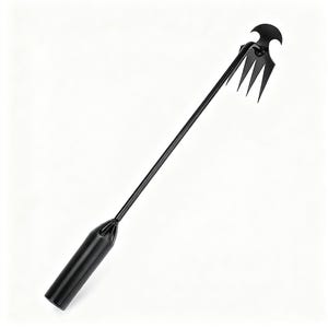 May include: A black metal garden tool with a long handle and a distinctive head design. The head has multiple tines and a decorative top, suitable for gardening. The tool's handle is cylindrical and narrows where it joins the head.