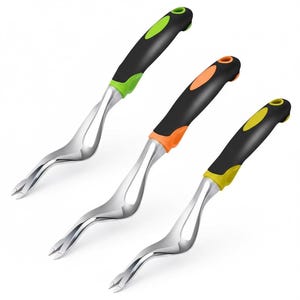 May include: Three stainless steel garden weeding tools with black handles and colored accents in green, orange, and yellow. The tools have a curved design and a forked end for removing weeds.