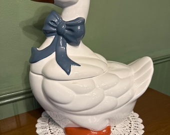 Vintage Goose Cookie Jar with Blue Bow - Cottagecore Goose Decor
