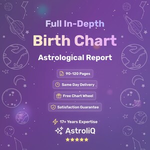 May include: A purple graphic with the text "Full In-Depth Birth Chart Astrological Report." The image includes icons for "90-120 Pages," "Same Day Delivery," "Free Chart Wheel," and "Satisfaction Guarantee."
