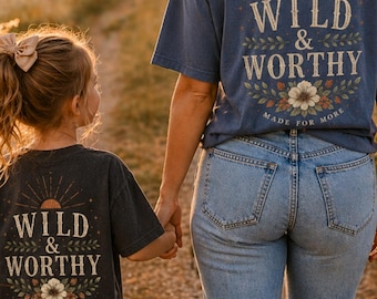 Camisetas a juego para mamá e hija con el lema "Wild and Worthy Momma" (Salvaje y Valiente), camisetas cristianas para madre e hija, conjunto a juego de colores cómodos, camisetas gráficas de boutique.