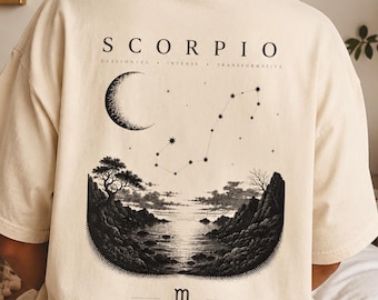 Camiseta del signo zodiacal Escorpio, camiseta con estampado celestial, regalo de astrología para ella, camiseta vintage de Escorpio, camiseta de la luna y las constelaciones