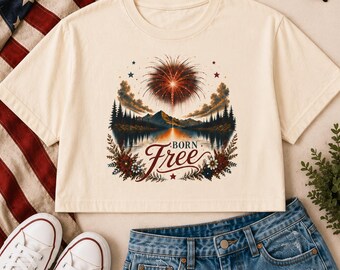 Camiseta patriótica "Born Free", camiseta del 4 de julio, camiseta sin mangas con estampado vintage americano, camiseta de verano con fuegos artificiales en el lago.