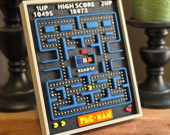 Handcrafted 3D Pac-Man "READY!" Arcade Relief Art – Custom Desk Decor by The Kin Kiln