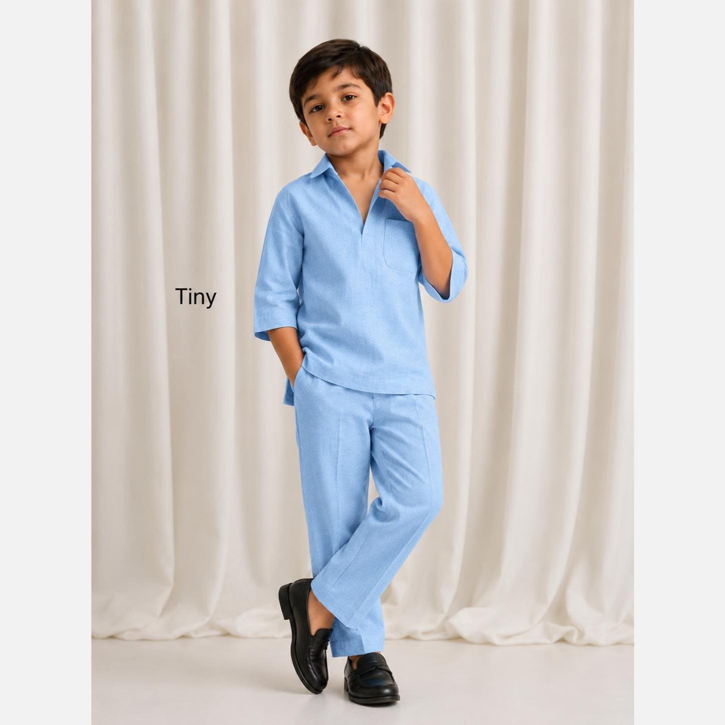 Sky Blue Linen Kids Outfit Boys Shirt and Pants Set Toddler Summer Clothing