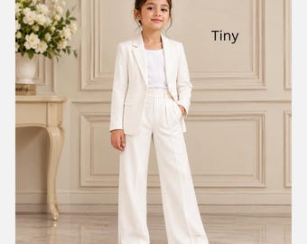 Kids Blazer Set, Girls Cotton Blazer and Wide Leg Pants Outfit, wedding, Anniversary, birthday