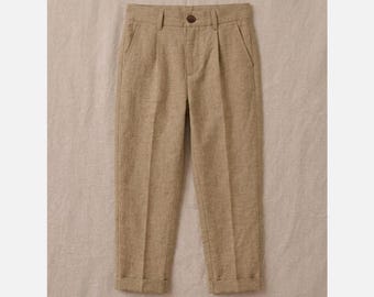 Kids Linen Pants, Beige Trousers, Boys Wedding Ring Bearer Clothing