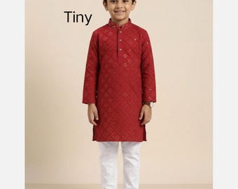 Conjunto de kurta para niño con bordado de espejos rojos / Ropa étnica india festiva para bodas, Eid y Diwali.