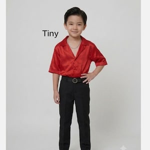 May include: A short-sleeved red satin button-down shirt with a collar, paired with black trousers, a black belt with a silver buckle, and black dress shoes. The word Tiny is printed in black text on the left side of the shirt near the collar.