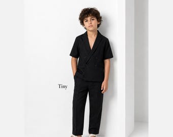Completo da cerimonia in lino nero per ragazzi / Blazer doppiopetto, pantaloni / Abito da paggetto/a e da sposo